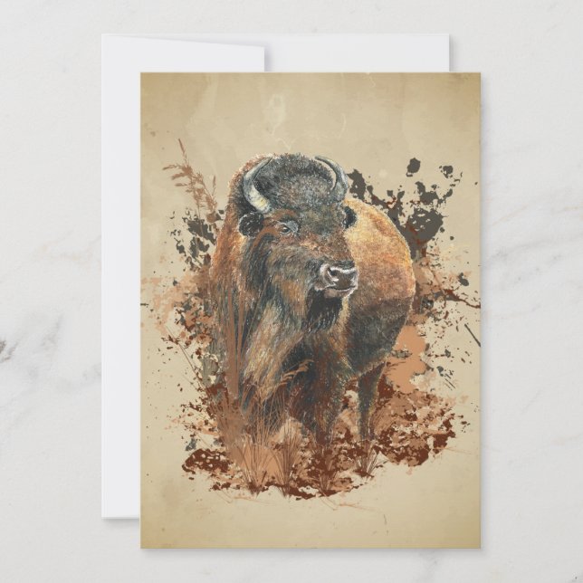 Tarjeta Watercolor Bison Buffalo Animal Wildlife Nature  (Anverso)