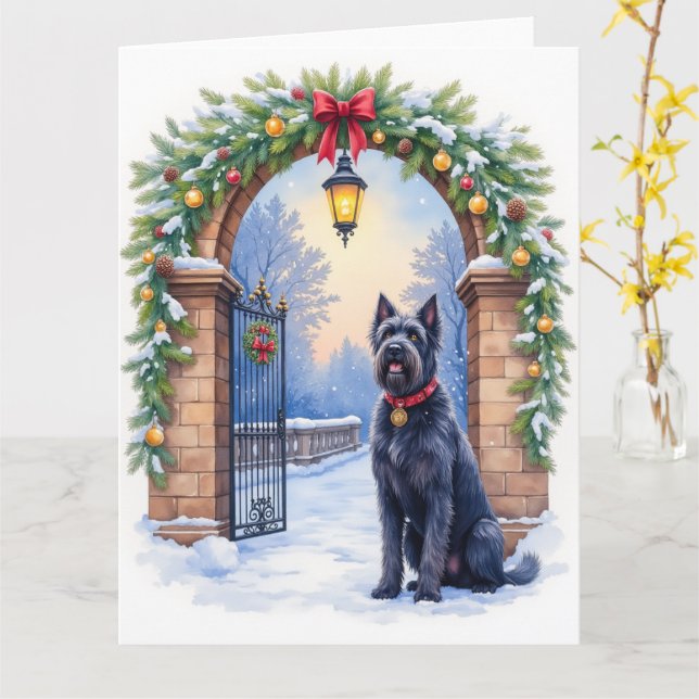 Tarjeta Watercolor Black Russian Terrier Iron Christmas (flor amarilla)