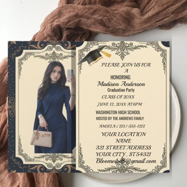 Tarjeta Watercolor Blue Gold Marble Agate Graduation Party (Subido por el creador)