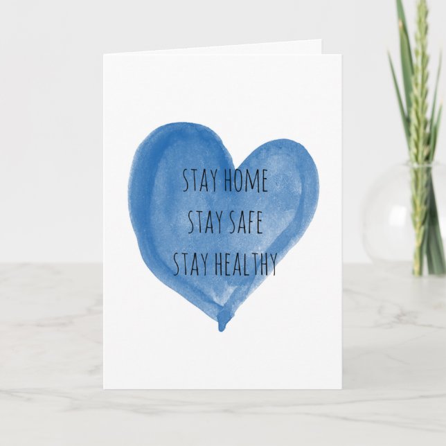 Tarjeta Watercolor Blue Heart Stay Home Stay Safe (Anverso)