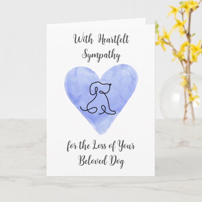 Tarjeta Watercolor Blue Heart with Dog Drawing Sympathy (flor amarilla)