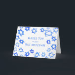 Tarjeta Watercolor Blue Stars MAZEL TOV Bat Mitzvah<br><div class="desc">¡Perfecta tarjeta MAZEL TOV para enviar a un murciélago mitzvah, bar mitzvah u otra celebración judía! Hand hizo arte acuarela por ti en el frente y en el interior en blanco! ¡TODO PERSONALIZABLE! Haga clic en "Personalizar" para editar el texto. Haga clic en "editar usando la herramienta de diseño" para...</div>