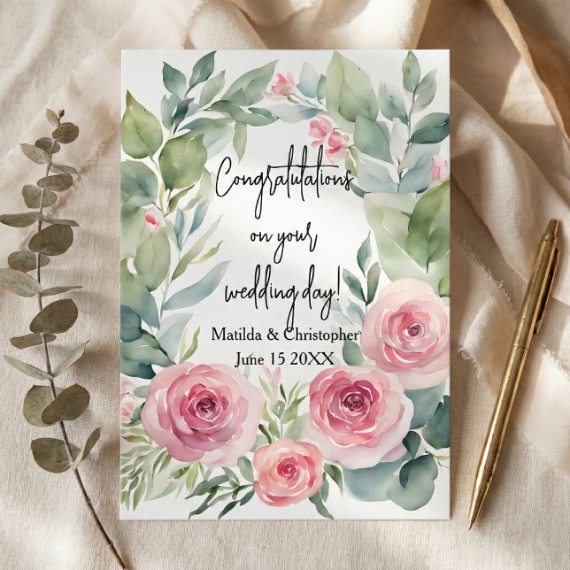 Tarjeta Watercolor Blush Pink Rose & Eucalyptus Wedding (Subido por el creador)