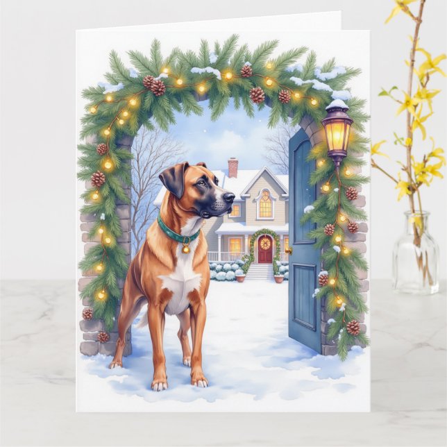 Tarjeta Watercolor Boerboel Farmhouse Gate Christmas (flor amarilla)