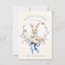 Tarjeta Watercolor Bunny Flowers Blue Bow Spring