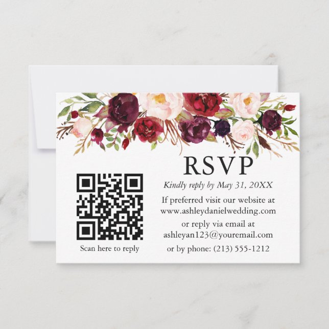 Tarjeta Watercolor Burgundy Boda Floral QR RSVP (Anverso)