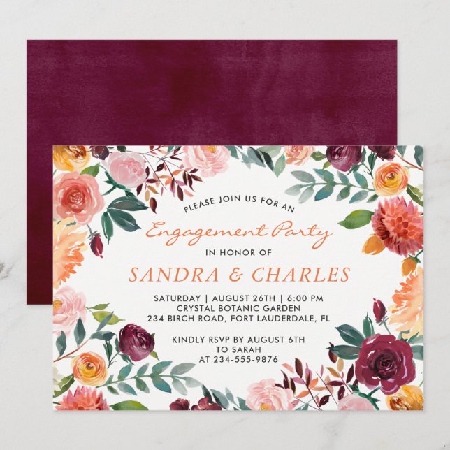 Tarjeta Watercolor Burgundy Floral Engagement Part (Anverso / Reverso)