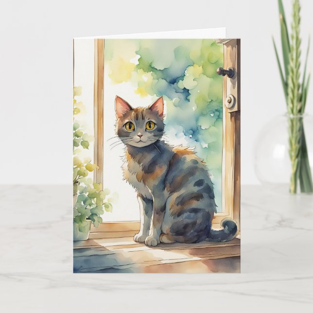Tarjeta Watercolor Calico Cat In Window (Anverso)