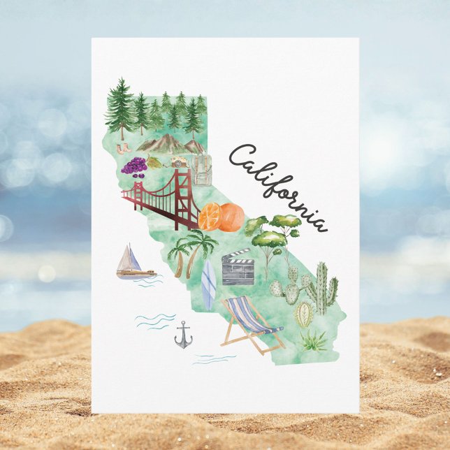 Tarjeta Watercolor California State Art Map Flat Greeting (In situ)
