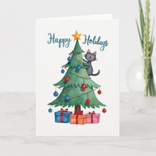 Tarjeta Watercolor Cat En Árbol Happy Holidays Card