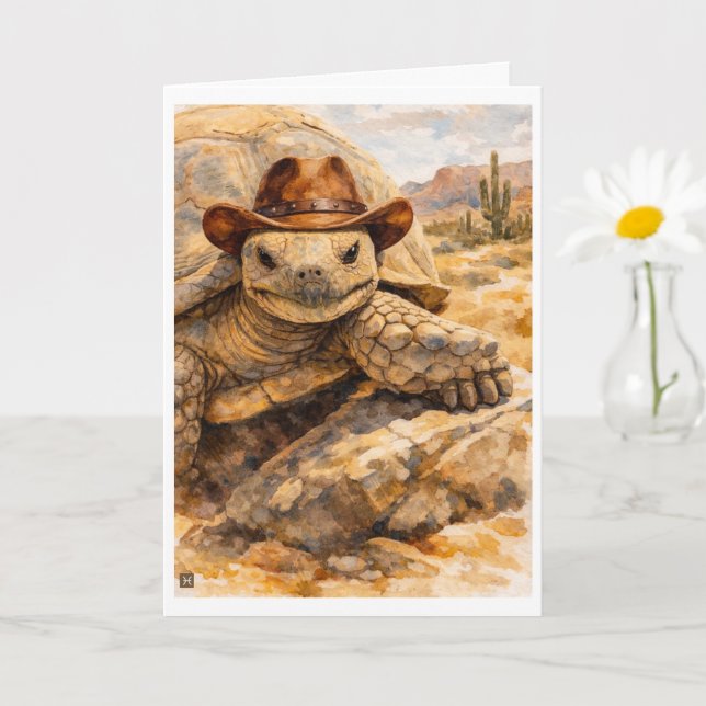 Tarjeta Watercolor Cowboy Turtle in the desert (Planta pequeña)