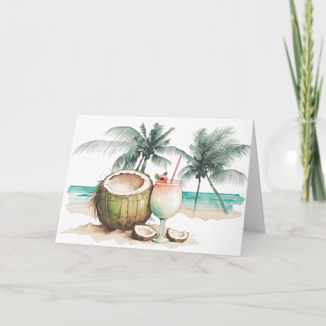 Tarjeta Watercolor Cumpleaños Cóctel Tropical (Anverso)