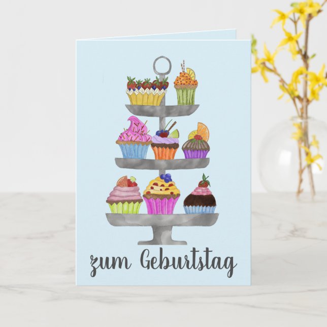 Tarjeta Watercolor cupcakes German Birday Card (flor amarilla)
