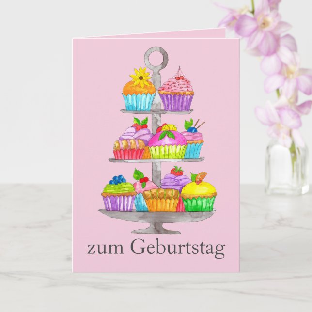 Tarjeta Watercolor cupcakes German Birday Card (Orquídea)