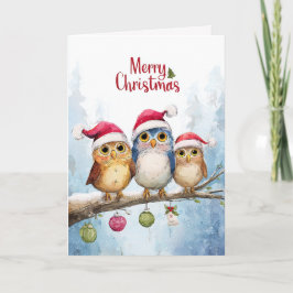 Tarjeta Watercolor Cute Owls Whimsical Christmas Folded