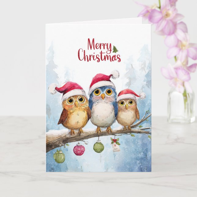 Tarjeta Watercolor Cute Owls Whimsical Christmas Folded (Orquídea)