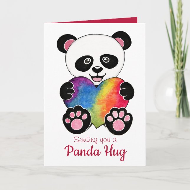 Tarjeta Watercolor Cute Panda Con Corazón Arcoiris (Anverso)