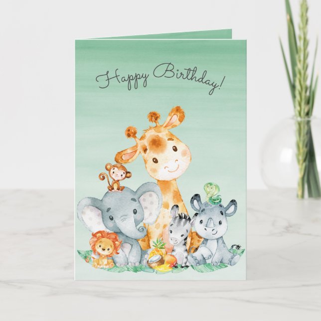 Tarjeta Watercolor Cute Safari Jungle Animals Birthday (Anverso)
