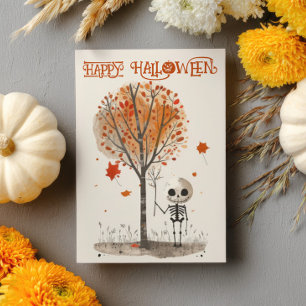 Tarjeta Watercolor Cute Skeleton Feliz Halloween