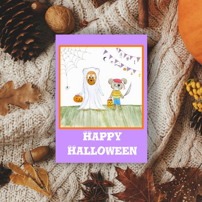 Tarjeta Watercolor Cute Teddy Bears Happy Halloween (Kids will find this adorable Halloween card!)
