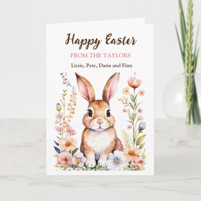 Tarjeta Watercolor Easter Bunny y Flores Personalizadas (Anverso)