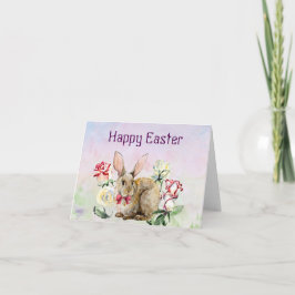 Tarjeta Watercolor Easter con Conejo y Flores