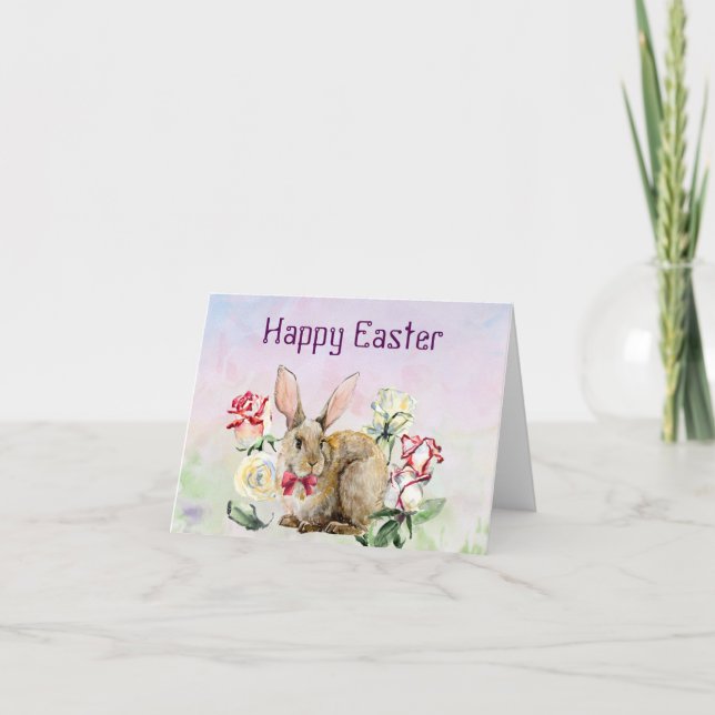 Tarjeta Watercolor Easter con Conejo y Flores (Anverso)