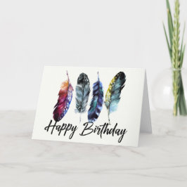 Tarjeta Watercolor Feathers Boho Feliz cumpleaños
