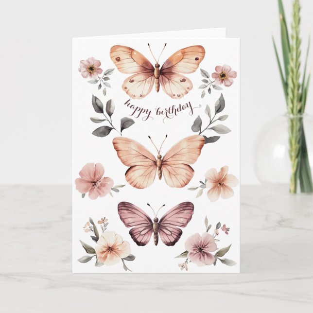 Tarjeta Watercolor Florals Butterflies Feliz cumpleaños (Anverso)