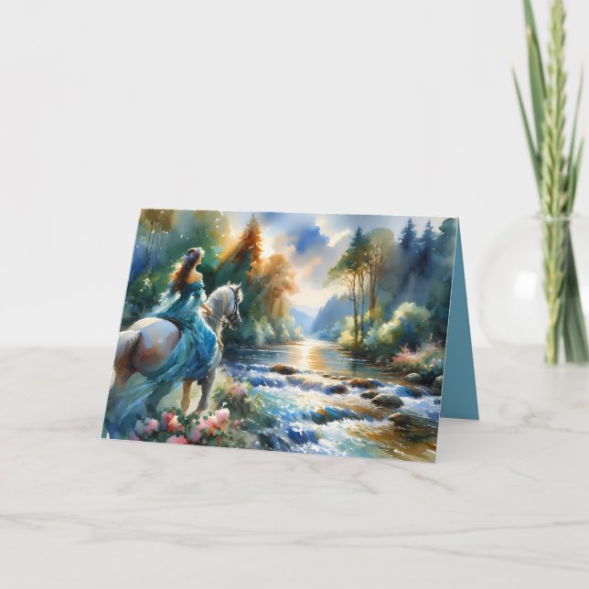 Tarjeta Watercolor Forest River Horsewoman Dreamscape (Anverso)