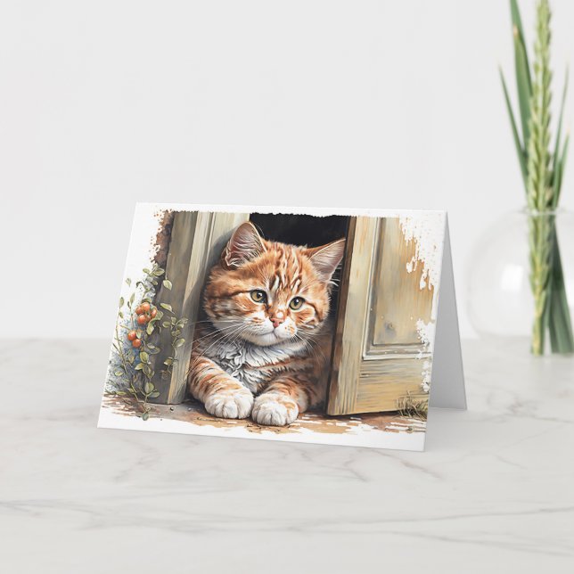 Tarjeta Watercolor Ginger Cat Pensando En Ti (Anverso)