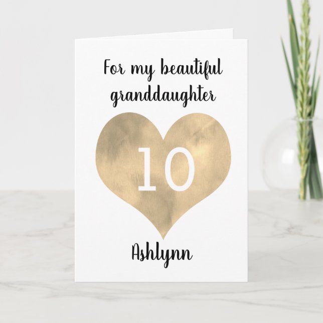 Tarjeta Watercolor Gold Heart 10° cumpleaños (Anverso)