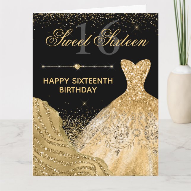 Tarjeta Watercolor Gold Purpurina Vestido dulce 16 cumplea (Anverso)