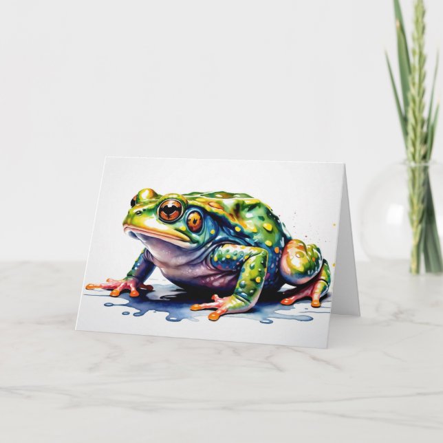 Tarjeta Watercolor Green Frog, Cute Colorful Toad  (Anverso)