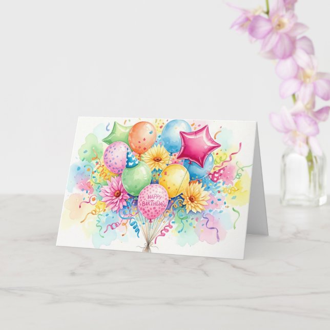 Tarjeta Watercolor Happy Birthday Balloons & Flowers (Orquídea)