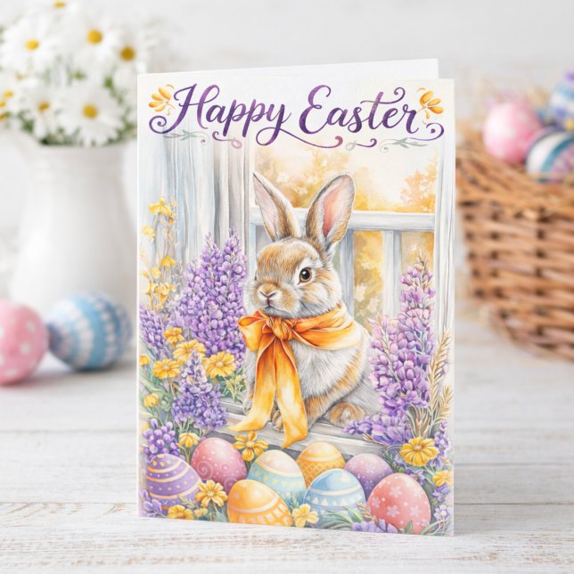 Tarjeta Watercolor Happy Easter Bunny Card | Soft Floral (Subido por el creador)