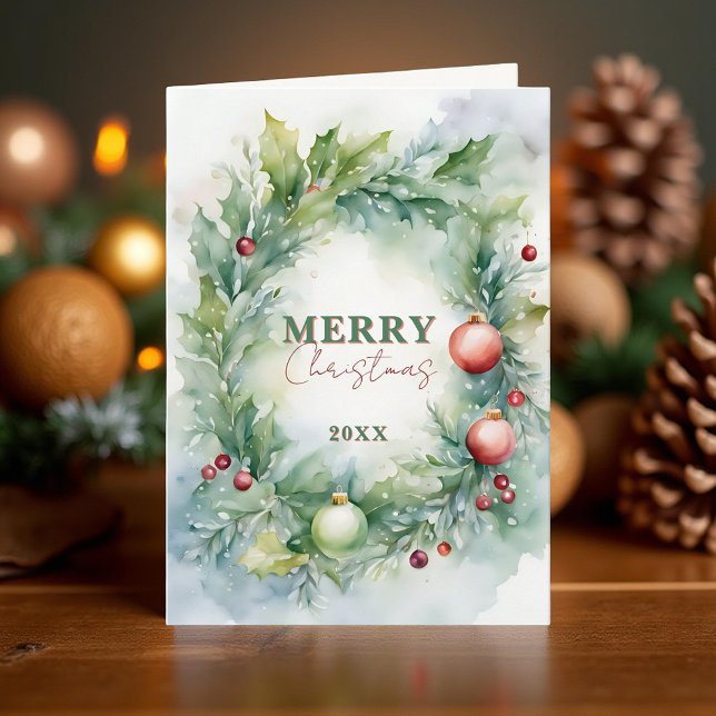 Tarjeta Watercolor Holly Wreath Merry Christmas Holiday (Subido por el creador)