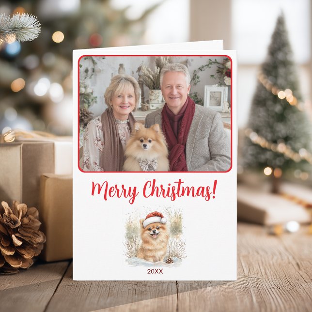Tarjeta Watercolor Ilustracion Pomerano Feliz Navidad (Watercolor Pomeranian Illustration Merry Christmas Card)