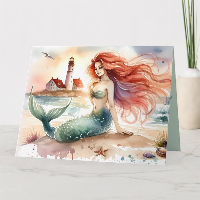 Tarjeta Watercolor Mermaid by Lighthouse Shore (Anverso)