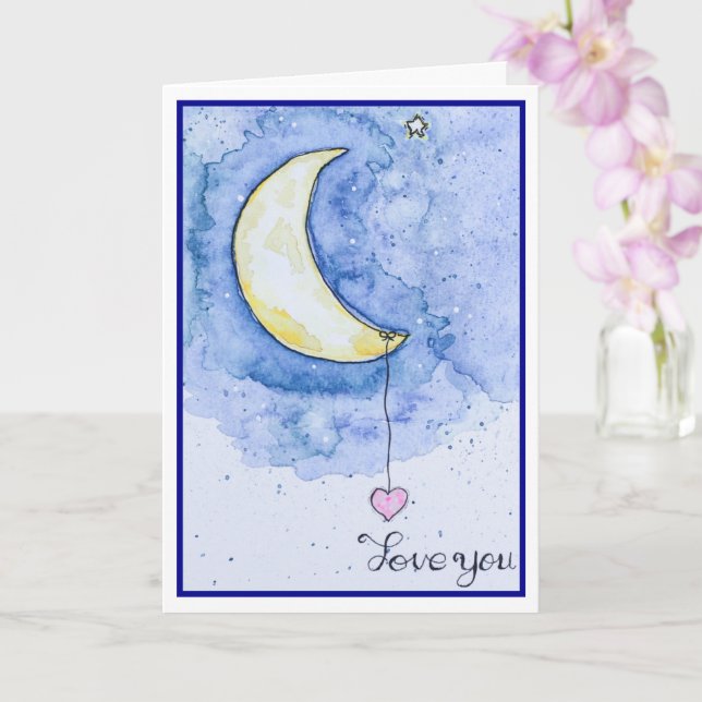 Tarjeta Watercolor Moon Heart Love You (Orquídea)