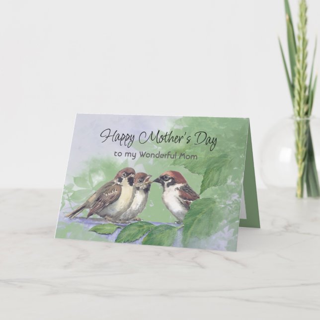Tarjeta Watercolor Mother Sparrow Feeding Chicks (Anverso)