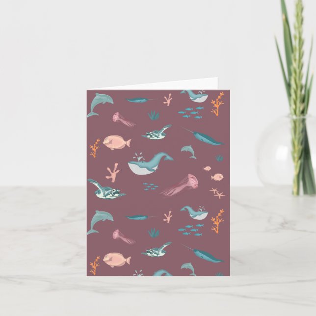 Tarjeta Watercolor Ocean Sea Animals Rubor Pink Pattern (Anverso)