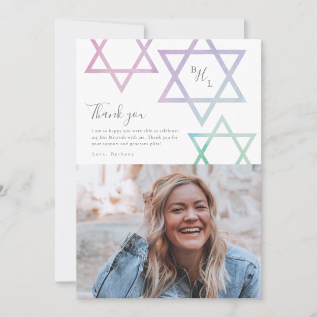 Tarjeta Watercolor Ombré Photo Bat Mitzvah Gracias (Anverso)