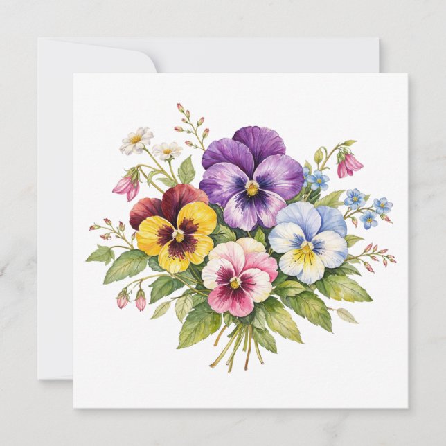 Tarjeta Watercolor Pansy Flowers Bouquet  (Anverso)