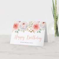 Watercolor Peach Peonies y Gold Leaves Cumpleaños