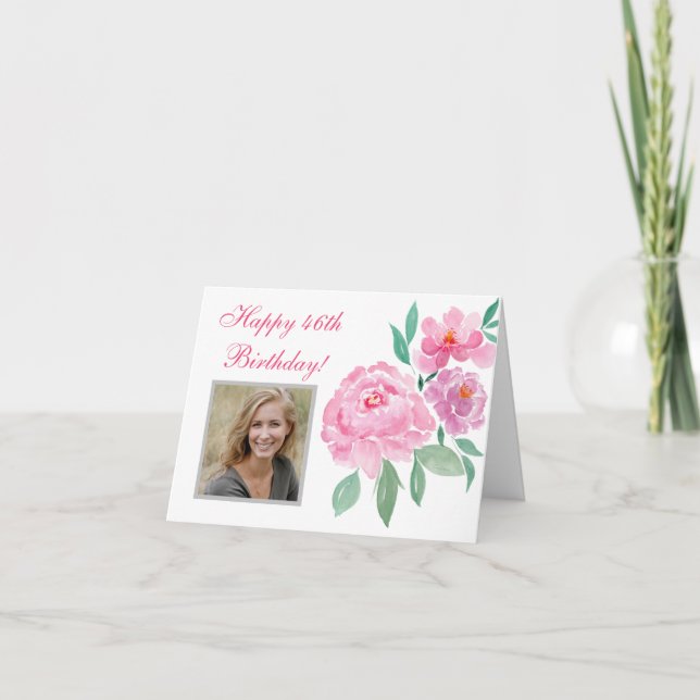 Tarjeta Watercolor Peonies Happy 46th Birthday Add Photo (Anverso)