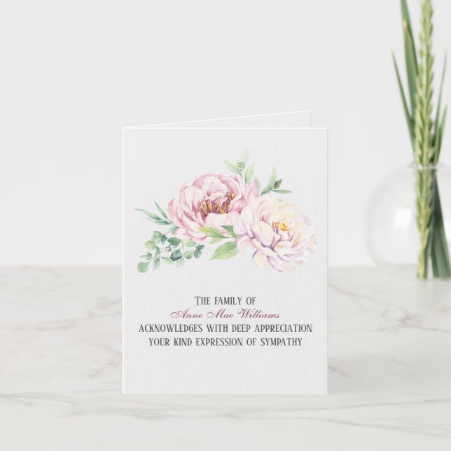 Tarjeta Watercolor Peony Sympathy Gracias (Anverso)