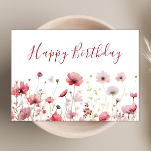 Tarjeta Watercolor Pink Boho Wildflower Feliz cumpleaños