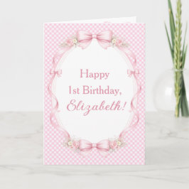 Tarjeta Watercolor Pink Bow Coquette 1st Birthday Greeting