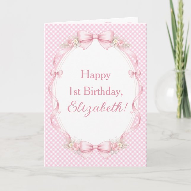 Tarjeta Watercolor Pink Bow Coquette 1st Birthday Greeting (Anverso)